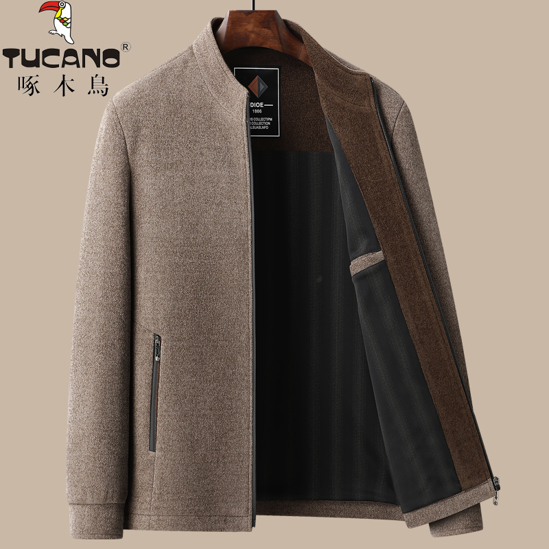 啄木鸟中年男士毛呢夹克爸爸秋装外套秋冬季中老年呢子男装50岁60
