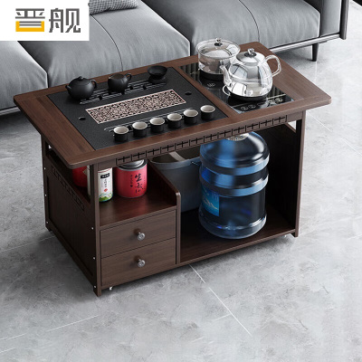 晋舰 移动茶台家用阳台竹木小茶桌烧水壶一体简约现代功夫茶几玻璃+黑陶茶具
