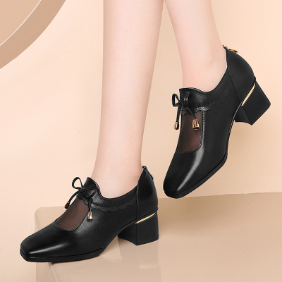 古奇天伦妈妈网纱鞋女方头皮鞋2021春季新款粗跟中跟网鞋中年镂空单鞋利德尚品5361