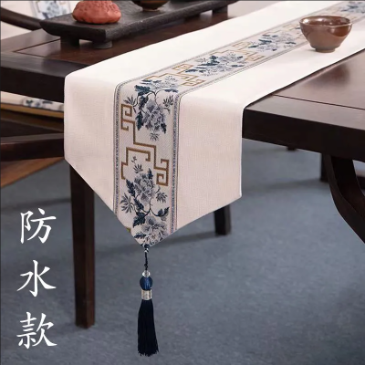 新中式桌旗禅意刺绣棉麻茶旗餐桌垫长条桌布艺现代简约电视柜盖巾 云中君-白色 33*360cm(适用桌长3米-3.2米)
