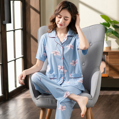夏季睡衣女翻领短袖长裤套装夏天宽松休闲加大码开衫家居服可外穿