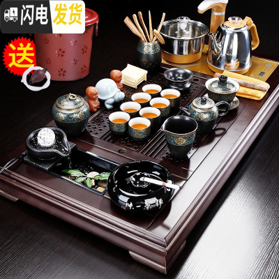 三维工匠陶瓷功夫茶具套装家用办公室茶壶盖碗茶杯建盏茶道客厅泡茶礼盒装 梅花流水茶盘+古韵陶泥B配件 9件