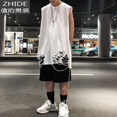 SUNTEK黑暗系颓废风嘻哈欧美高街色叠穿下摆破洞内搭无袖打底背心男女马甲/背心