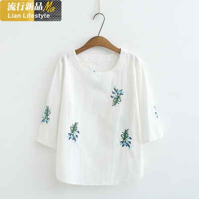 恋名媛中老年短袖上衣女夏季刺绣民族风棉衣服中年胖妈妈大码宽松T恤大码女装