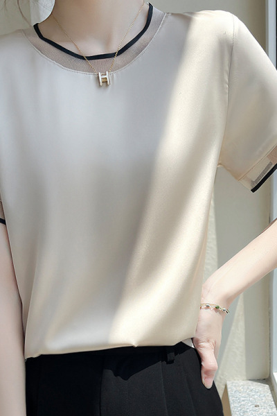 优雅气质网纱拼接短袖T恤夏季缎面女装新款宽松显瘦圆领大码半袖