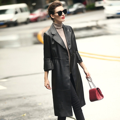 秋冬欧美七分袖中长款修身绵羊皮女式真皮皮衣CYDDWQE