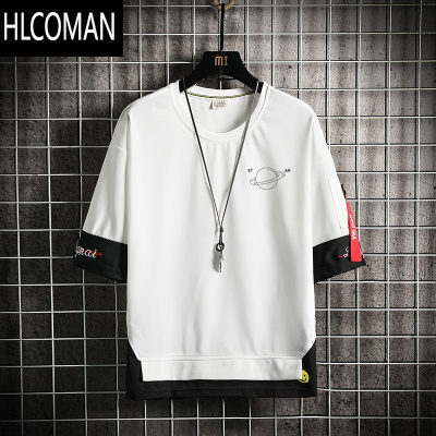 HLCOMAN假冰丝短袖t恤男士夏季新款潮流宽松学生男装五分袖体恤衣服