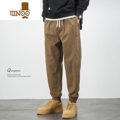 YANXU卡其色工装休闲裤美式潮牌男宽松束脚大码痞帅款弹力裤子
