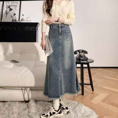 [3件8.5折110.4元,叠加优惠券]唐狮牛仔裙复古中长款鱼尾裙毛边高腰显瘦A字裙包臀长裙女半身裙