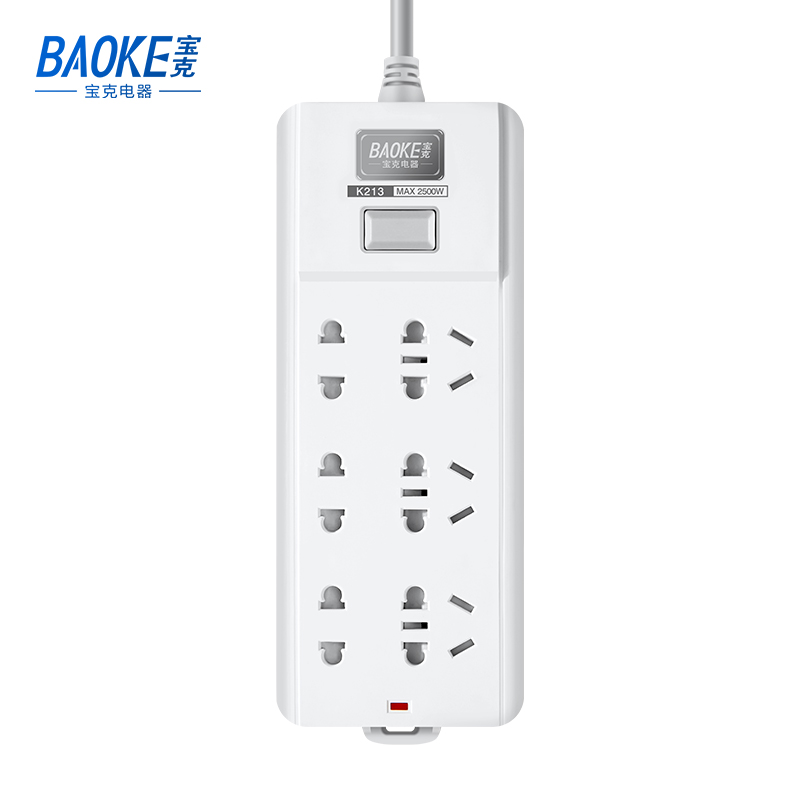 宝克(BAOKE)K213-3K 3m插线板 新国标延长线插座6位组合总控开关 2500W MAX 白色 1个