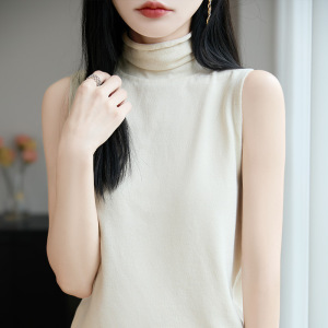 时尚堆堆领百搭无袖针织背心内搭女初秋新款气质高领外穿打底上衣