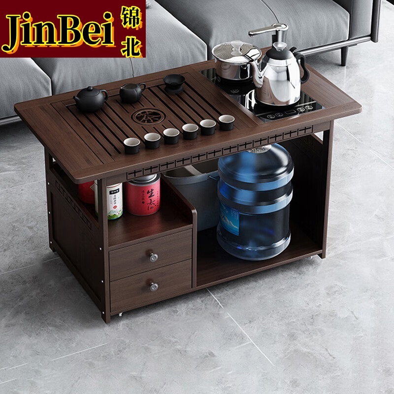 锦北 移动茶台家用竹木小茶桌烧水壶一体简约现代功夫茶几 80长全自动+黑陶茶具