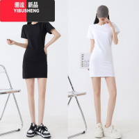YIBUSHENG中长款T恤裙短袖圆领套头修身打底连衣裙过臀包臀辣妹短裙