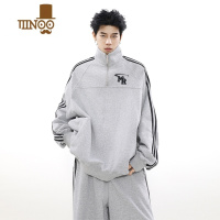 YANXU美式复古休闲运动立领情侣卫衣高街织带秋季套装男潮