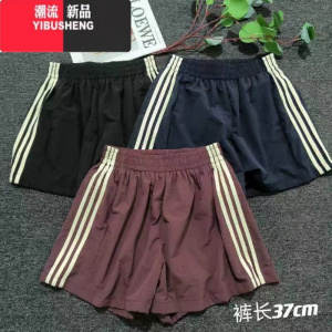 YIBUSHENG欧货定制2024季新款显瘦百搭松紧腰三条杆阔腿短裤休闲裤下装女