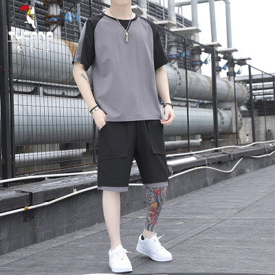 啄木鸟冰丝套装男休闲运动2021夏季新品速干短袖短裤两件套韩版潮流百搭时尚户外