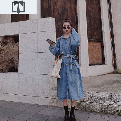 SUNTEK牛仔风衣2020新款中长款炸街秋装外套女长款过膝工装港风大衣宽松风衣