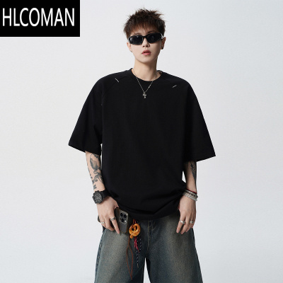 HLCOMAN美式设计感短袖男春季潮牌宽松休闲情侣T恤高街百搭纯色上衣