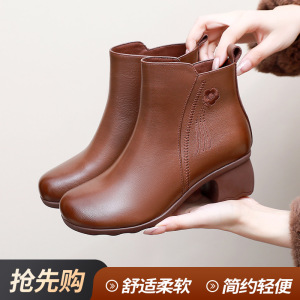 法式复古牛皮圆头短靴女秋冬新款软底粗跟中跟加绒棉靴秋单靴