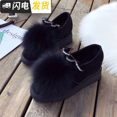 小仙女烫钻荷叶边毛毛鞋女秋内增高加绒百搭坡跟真毛温柔风豆豆鞋启如休闲鞋休闲鞋