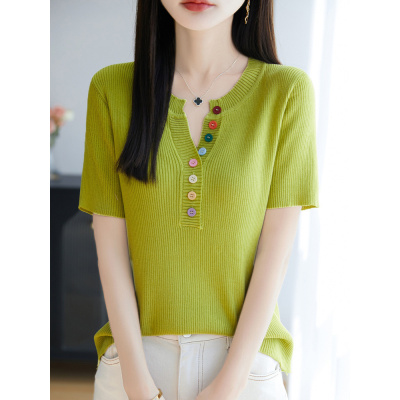 法式设计感冰丝彩扣针织短袖T恤女夏季新款显瘦百搭坑条打底上衣