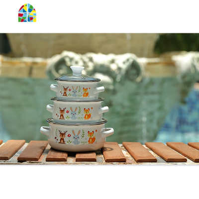 搪瓷儿童锅双耳小汤锅宝宝辅食锅儿童碗3件套电磁炉液化气 FENGHOU 白色14cm兔子一个TG473-14