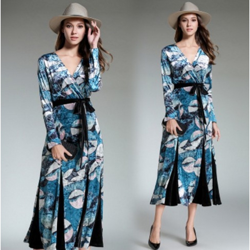 欧洲站 秋季新品 丝绒印花连衣裙 气质名媛V领修身裹身裙