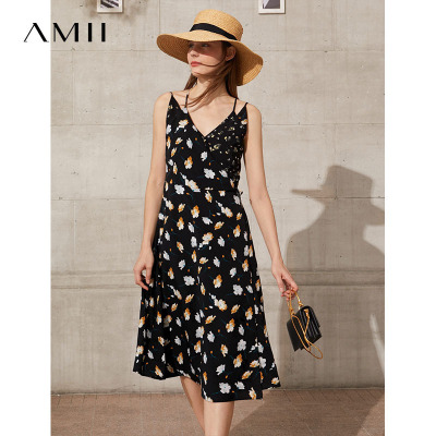 Amii极简V领吊带连衣裙2021春装新款碎花雪纺印花修身收腰女裙子
