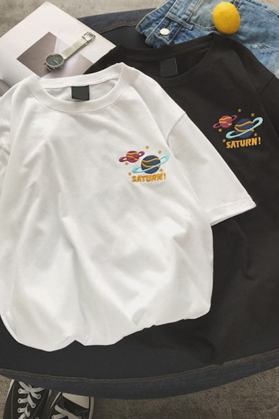 印花星球圆领白色短袖T恤女圆领夏季新款宽松大码学生上衣女装潮