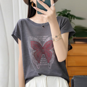 欧货短袖T恤女夏季新款时尚宽松烫钻蝴蝶结半袖洋气上衣