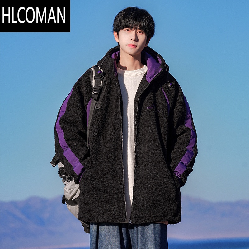 hlcoman羔绒棉服外套男士棉衣冬装潮牌加绒加厚冬季p暖棉袄