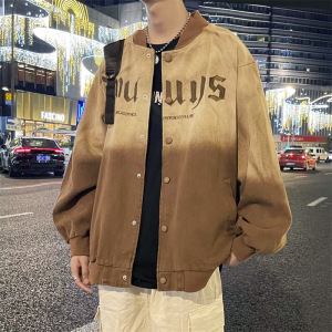 男装渐变棒球服男春秋季美式复古字母宽松百搭情侣款痞帅牛仔夹克