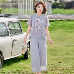 时尚雪纺妈妈套装女夏季短袖中老年女士休闲两件套40岁女大码宽松