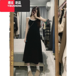 YIBUSHENG法式性感带胸垫吊带连衣裙女装早内搭打底修身黑色背心长裙子