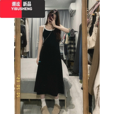 YIBUSHENG法式性感带胸垫吊带连衣裙女装早内搭打底修身黑色背心长裙子