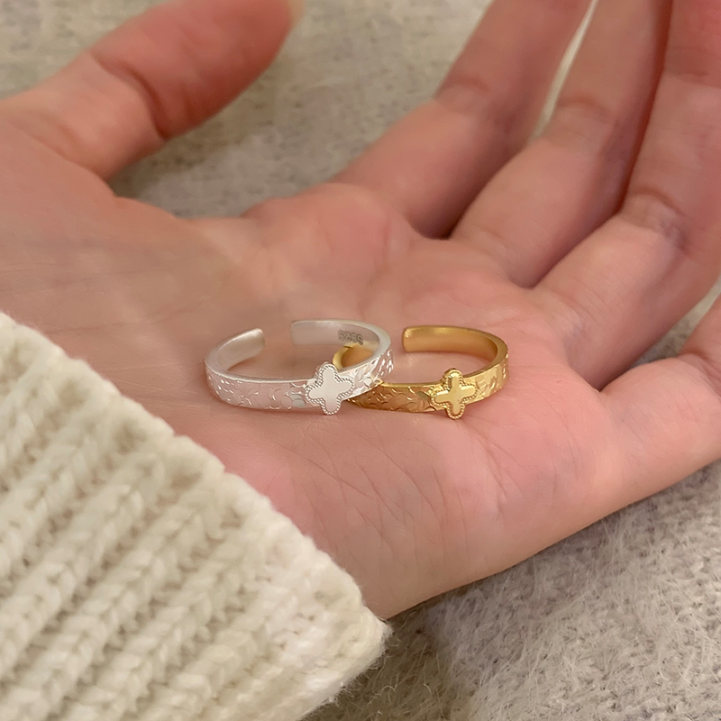 纯银四叶草碎碎冰戒指女轻奢高级感开口戒小众百搭气质食指戒送女朋友老婆情人节七夕生日礼物