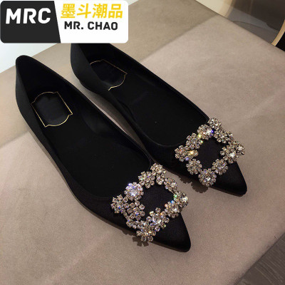 平底鞋尖头水钻方扣单鞋绸缎女鞋新娘婚鞋墨斗潮品休闲鞋