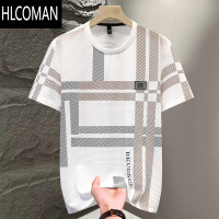 HLCOMAN男士夏季冰丝短袖t恤时尚潮流欧货半袖体恤成熟男人条纹上衣
