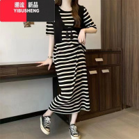 YIBUSHENG胖MM特大码300斤T恤长裙女季设计感宽松遮肉假两件条纹连衣裙潮