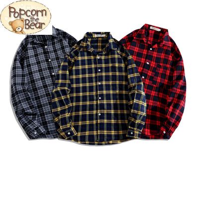 popcornthebear春秋新款格子衬衫男士宽松潮流帅气休闲学生外套