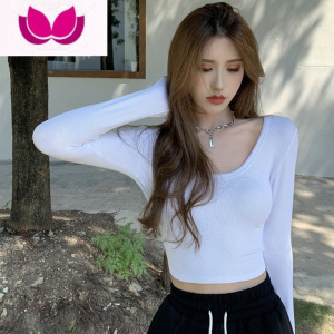 七斓2023秋季新款港风U领纯色上衣修身性感短款打底衫长袖紧身T恤女装