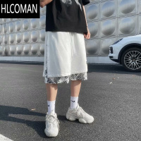 HLCOMAN夏季国潮高街宽松短裤男嘻哈双层排扣腰果花五分裤ins阔腿纽扣裤