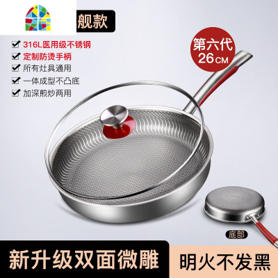 封后 不锈钢平底锅不粘锅煎锅烙饼锅煎蛋千层牛排燃气灶适用 F [新升级第六代双面屏]316不锈钢28cm(玻璃盖+钢