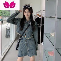 七斓大码微胖新款遮肉显瘦半身裙辣妹套装女胖MM复古短款牛仔外套