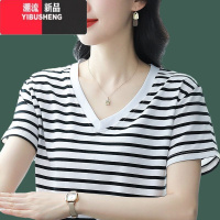 YIBUSHENG2024装新款宽松大码中年妈妈条纹短袖t恤女装半袖V领洋气上衣服