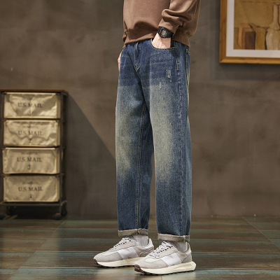 重磅做旧蓝牛仔裤男猫须抓痕工艺宽松直筒日常通勤卷边男长裤