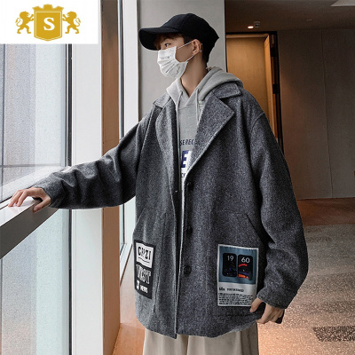 SUNTEK夹克男贴标复古休闲毛呢大衣大码胖子宽松西服秋季外套男韩版潮流夹克