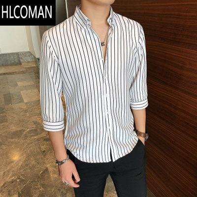HLCOMAN衬衫男七分袖短袖韩版潮流休闲帅气条纹白衬衣夏季宽松长袖上衣港