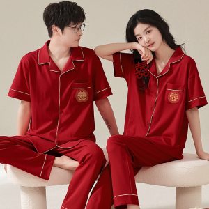 情侣本命年仿棉睡衣开衫翻领长袖长裤夏季新婚休闲宽松家居服套装