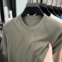 夏季含桑蚕丝男式短袖T恤新款针织衫青年时尚圆领提花男体恤百搭